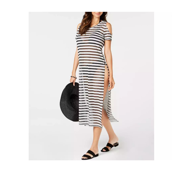 Calvin Klein Crochet Striped Cold-Shoulder Cover-Up Gray/Black Size S/M 12134 - Picture 1 of 2